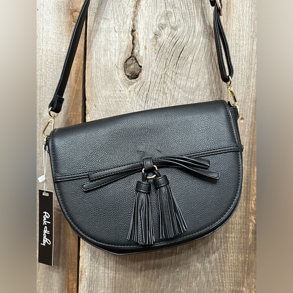 Pink Haley Faux Leather Crossbody Purse with Double Tassel in Black Gold - Picture 4 of 16